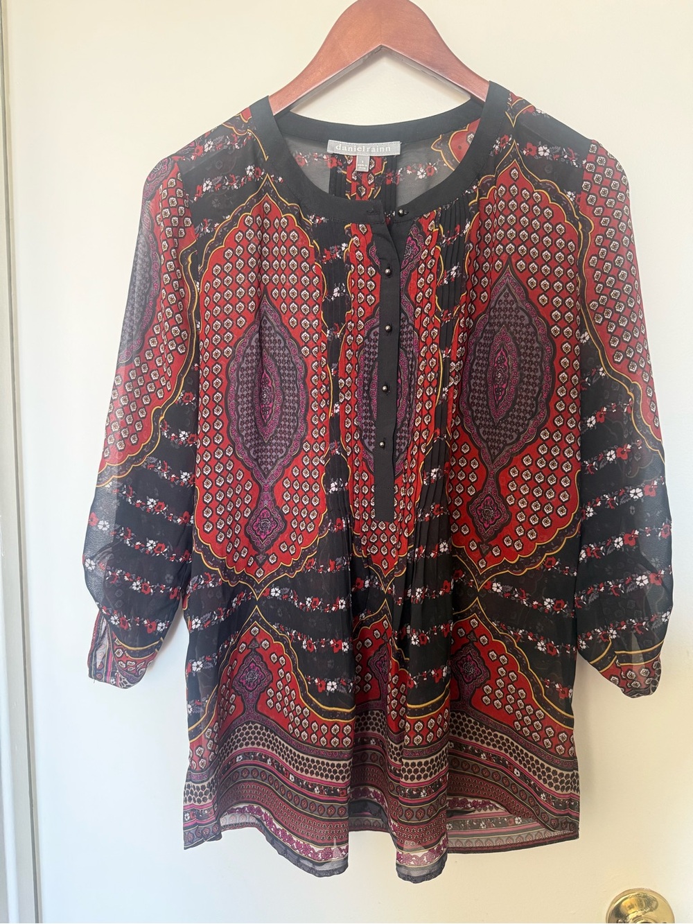 Daniel Rainn Black Red Paisley Sheer Boho Tunic Blouse Size S